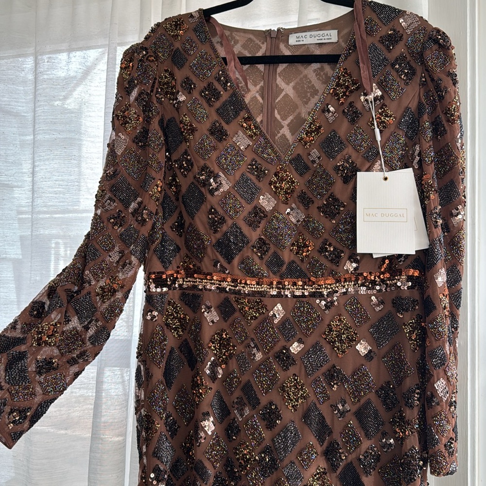 MAC DUGGAL size 14 Brown Geo Embellished Midi Sheath Dress - Picture 8 of 9